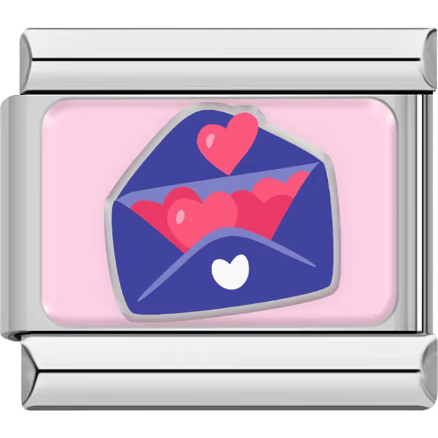 A silver Italian charm featuring a blue envelope full of floating hearts.
